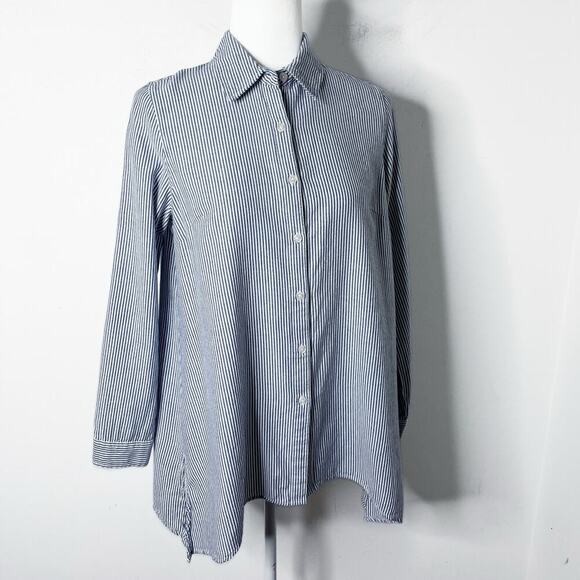 Zac & Rachel Button Up Shirt S Blue & White Striped Asymmetric Hem Long Sleeve - Picture 3 of 11